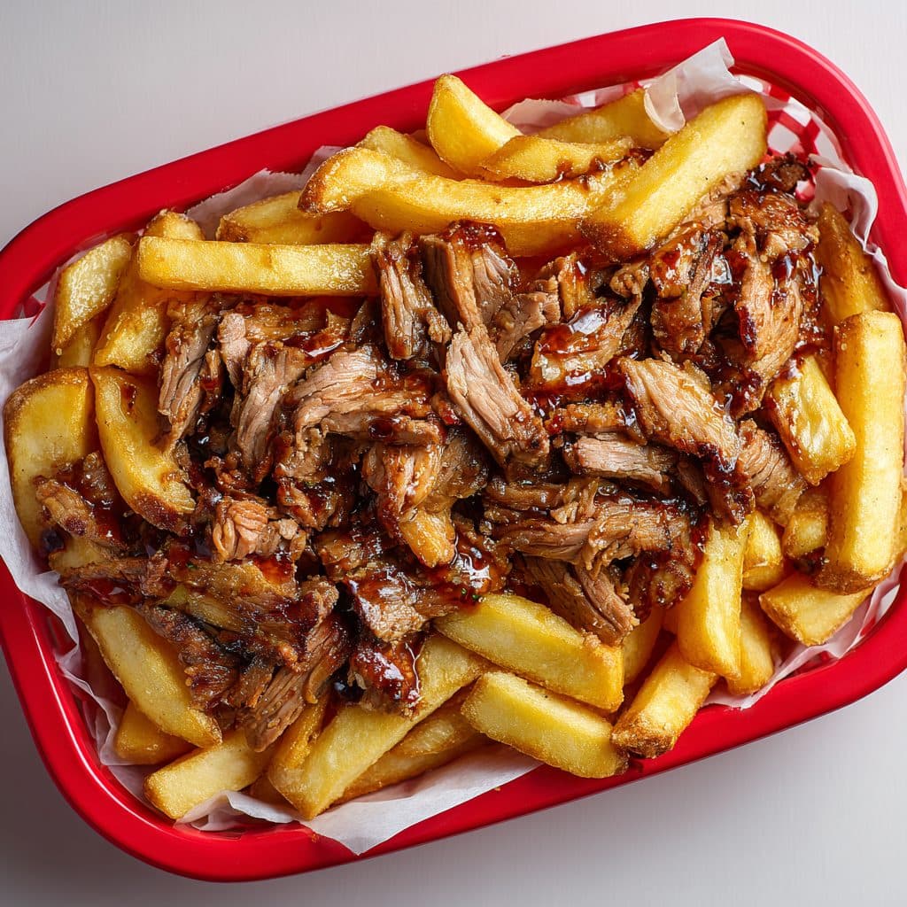 A generous portion of halal doner meat piled over chunky chips in a red basket