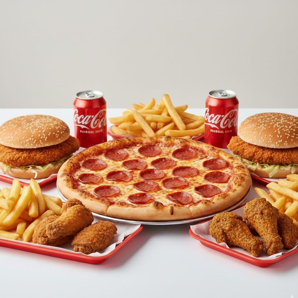 Mini Family Mix — 12" pizza, 2 spicy fillet burgers, 6 wings, 2 reg fries, 2 cans