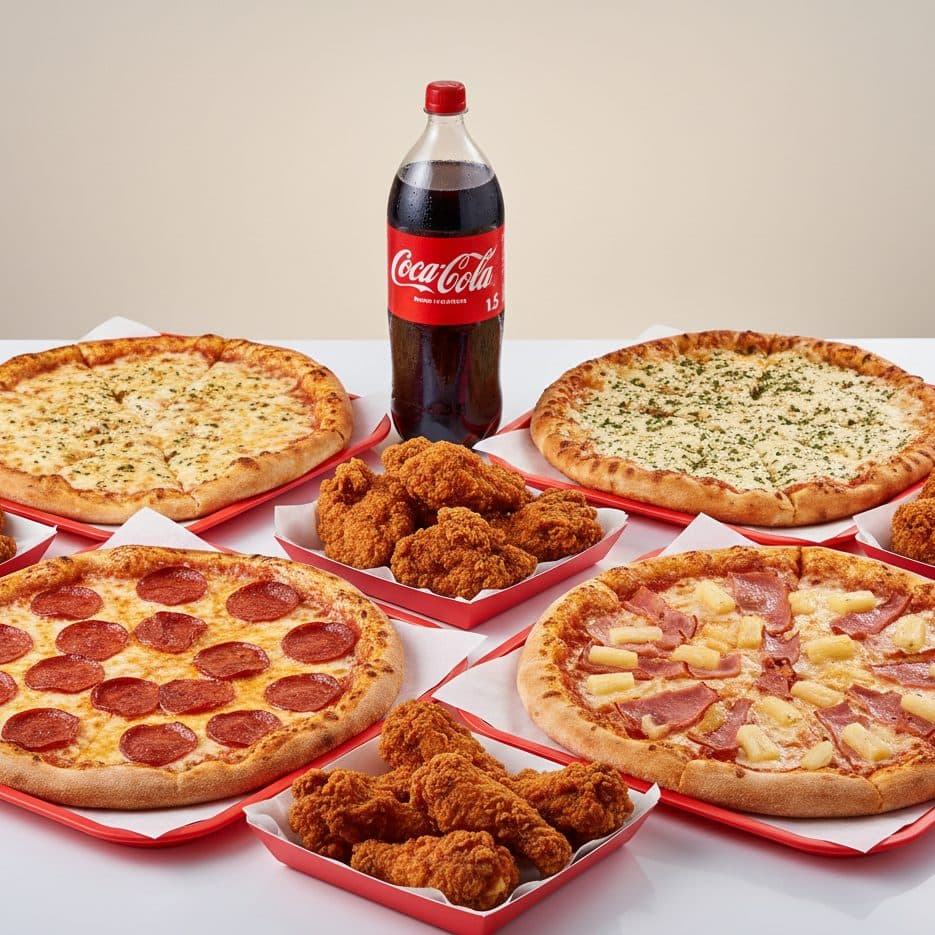 Party Special — 2 large pizzas, 5 spicy wings or fries, 9" garlic bread, 1.5L drink